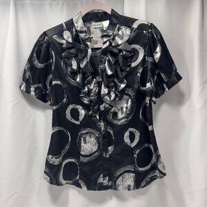 harve bernard SZ L Blouse Shirt Silky Black & White Swirls Circles Puff Sleeve